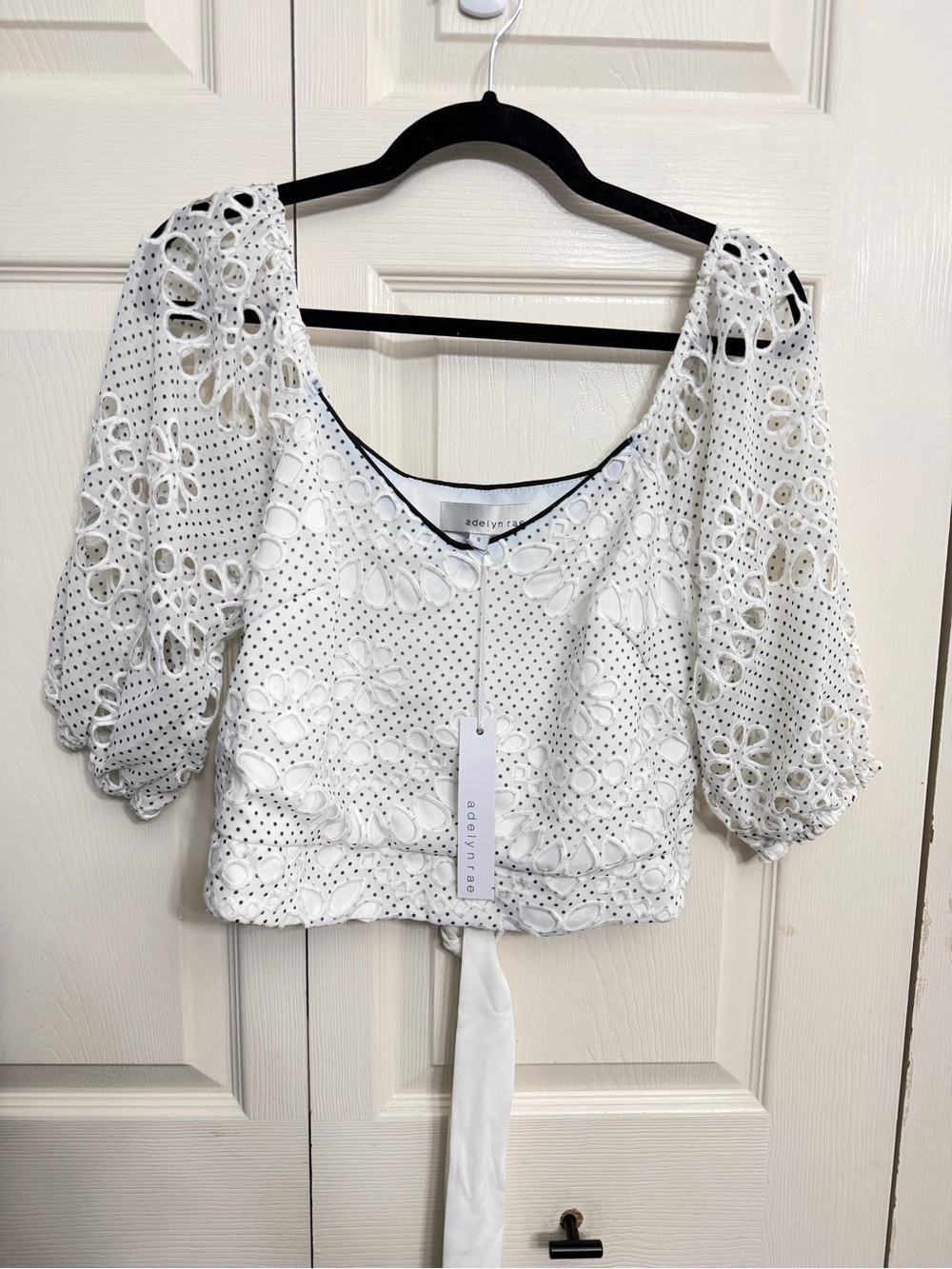 Adelyn Rae White Eyelet Floral Crochet Tie-Back Crop Top